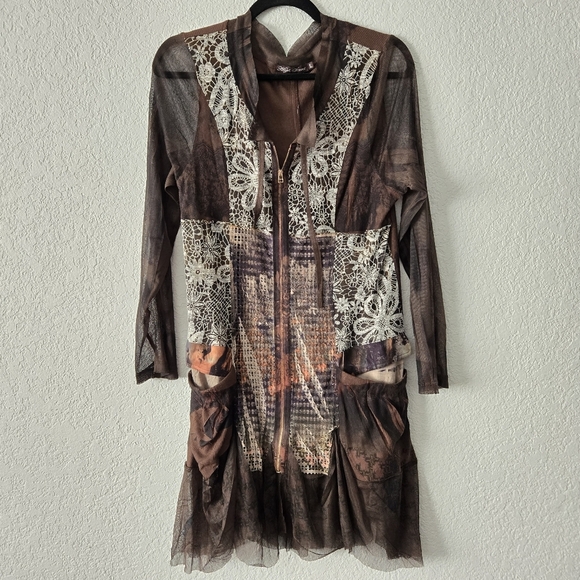 high secret Tops - High Secret womens L Brown Mixed Media Zip up Boho Sweater